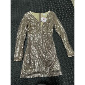 Daily Chic Sequin Long Sleeve V Neck Mini Dress Gold Sparkle Party